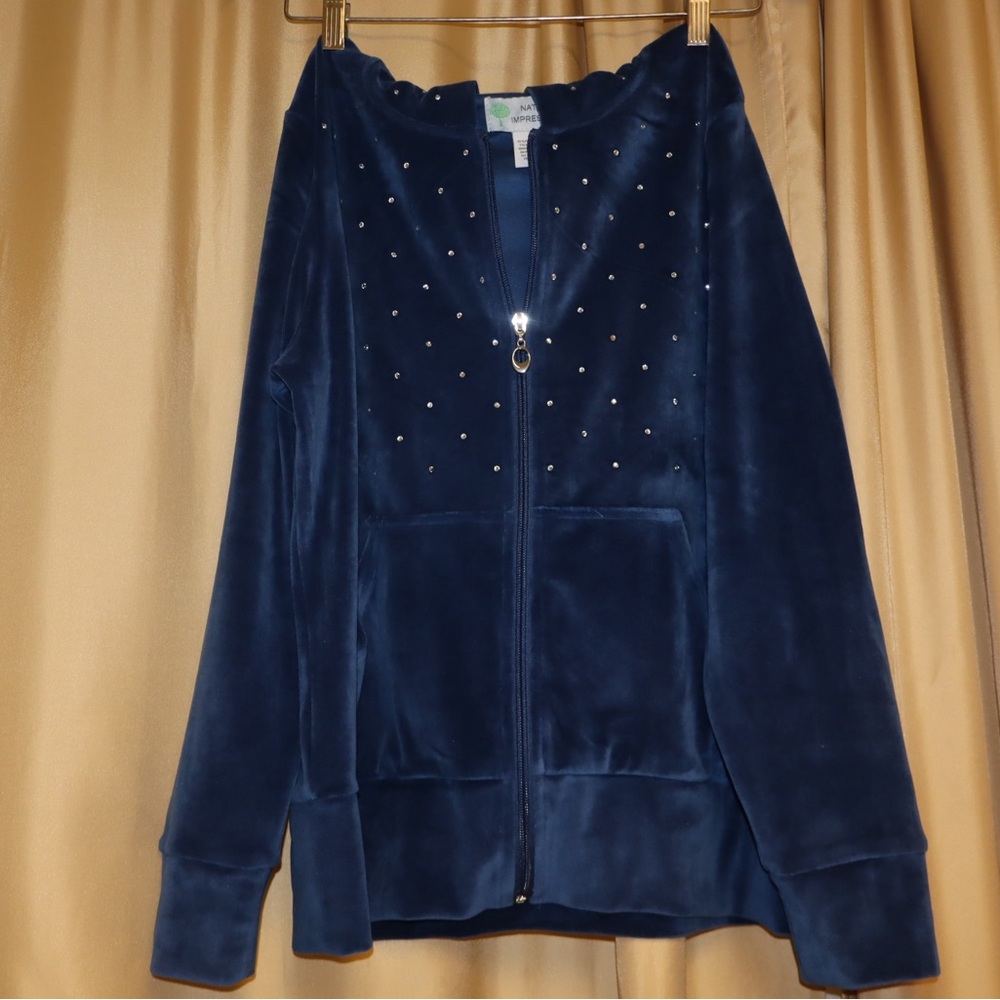 Blue velvet rhinestone zip up